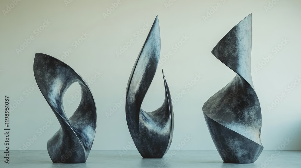 Poster abstract metal sculptures displayed against a plain background with ample copy space for text placem