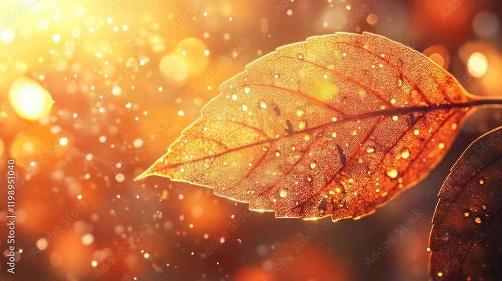 Poster close-up of a dewy autumn leaf with sunlight creating a bokeh effect and warm golden tones copy spac