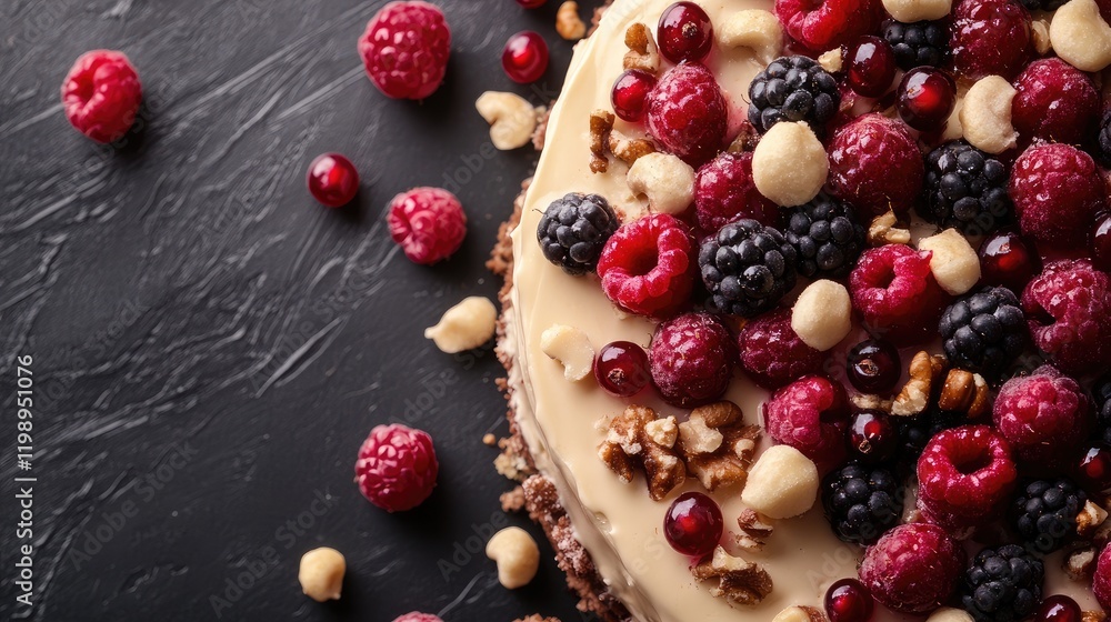 Aufkleber close up of a creamy cake adorned with assorted nuts and fresh red and black berries on a dark slate
