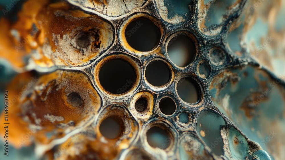 Poster abstract macro image of textured surface with circular patterns and rust-like colors showcasing orga
