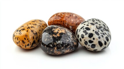 Obraz premium Colorful Polished Stones in Various Shapes and Patterns on White Background