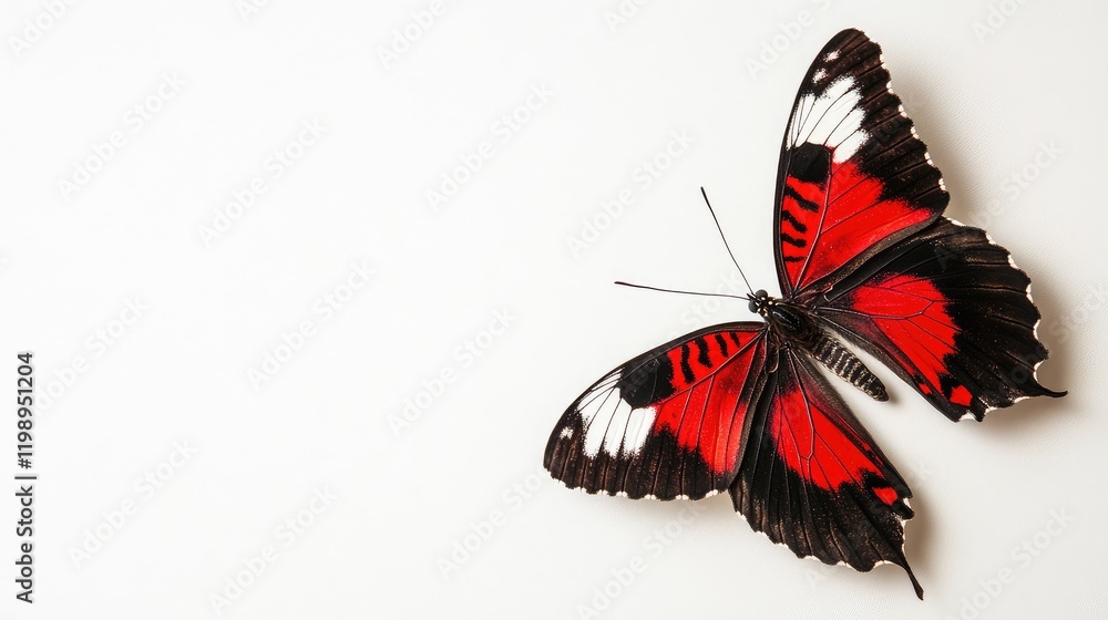 Poster vibrant red and black butterfly perched gracefully on a white background with ample negative space f