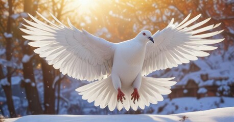 A majestic white pigeon soars effortlessly through the morning air, its snowy plumage glistening in the sunlight, animal, flight, nature
