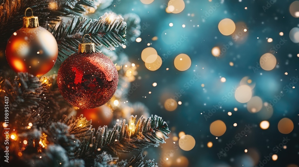 Poster christmas tree with ornaments and fairy lights on blurred background with bokeh effect and snowflake