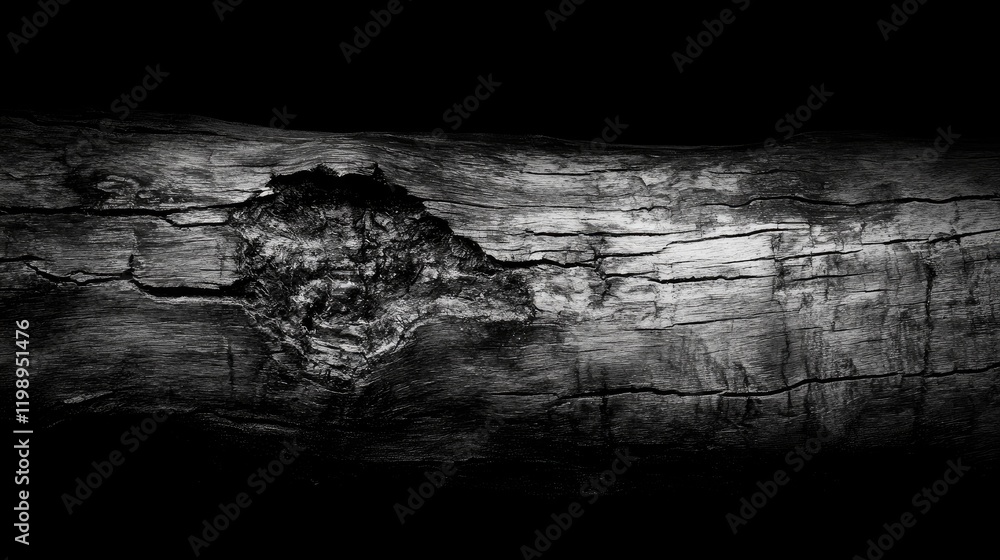 Poster textured surface of a weathered log with intricate patterns and dark shadows on a black background c