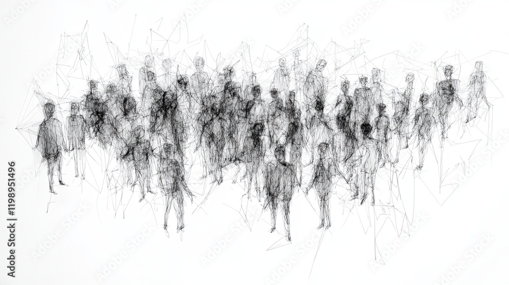 Poster large group of simple people shapes connected by lines