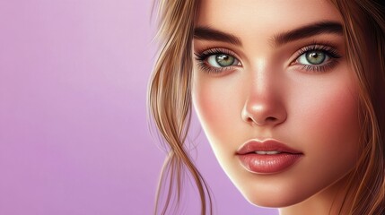 Fototapeta premium Portrait of beautiful young woman.The face of a beautiful with perfect smooth skin. on a pastel purple background.