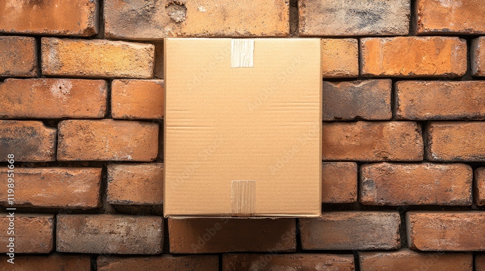 Poster close up of a brown cardboard box placed against a rustic orange and gray brick wall with ample empt
