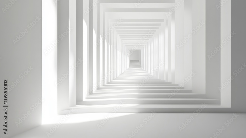 Poster abstract white tunnel perspective with multiple frames creating depth and light reflections. copy sp