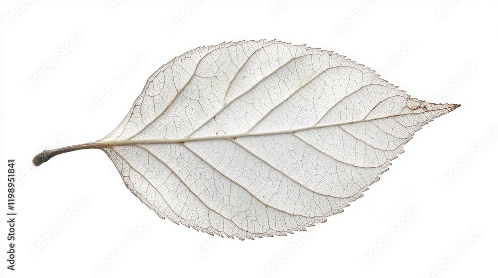 Poster detailed close-up of a transparent dry leaf with delicate veins on a white background with ample cop