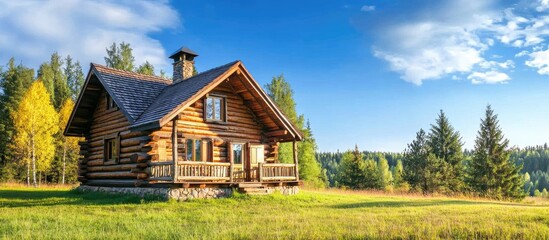 Scenic rustic log cabin nestled among lush green trees under a blue sky with fluffy clouds in a tranquil forest setting suitable for text overlay