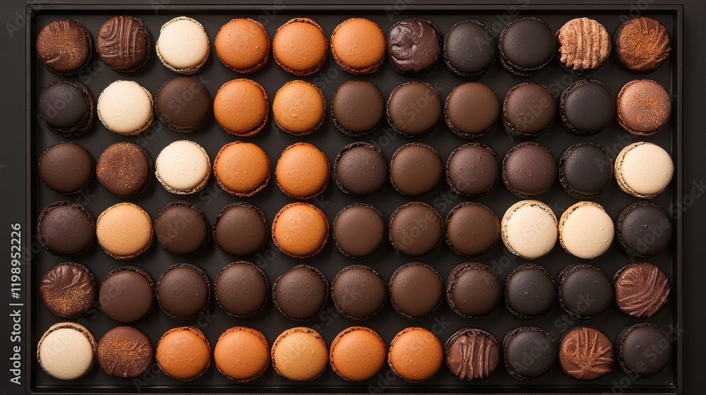 Poster variety of macarons arranged in a grid pattern on a dark tray with different colors and flavors copy