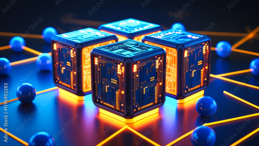 Poster an abstract futuristic, abstract technology 3d cubes structure, with intricate circuit patterns on t