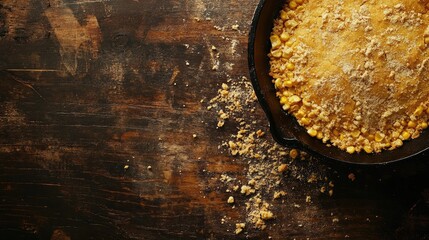 Rustic Close Up of Golden Cornbread in Cast Iron Skillet with Crumbs on Dark Wooden Table Ideal for Homemade Food Concepts and Culinary Text Space
