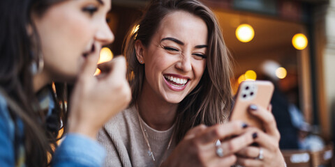 Joyful Moments: Friends Watching Funny Video on Phone. Two young women are sharing a laugh while watching something funny on a smartphone in a cozy cafe.