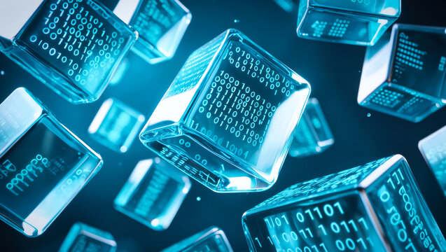 A series of floating, three-dimensional transparent glass cubes arranged in a dynamic layout, each covered with binary code
