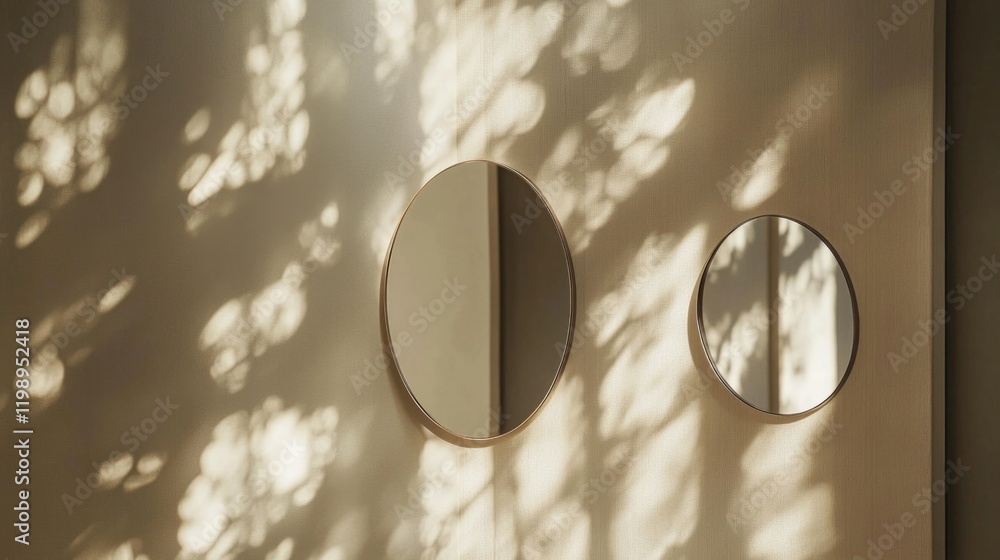 Poster abstract composition of two circular mirrors on a wall bathed in soft natural light and shadow patte