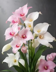 Fototapeta premium a mix of pastel pink orchids and white calla lilies, elegant vase, luxury gift