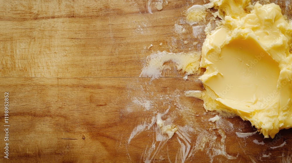 Poster Melted butter on a wooden surface with visible marks and residue Copy Space