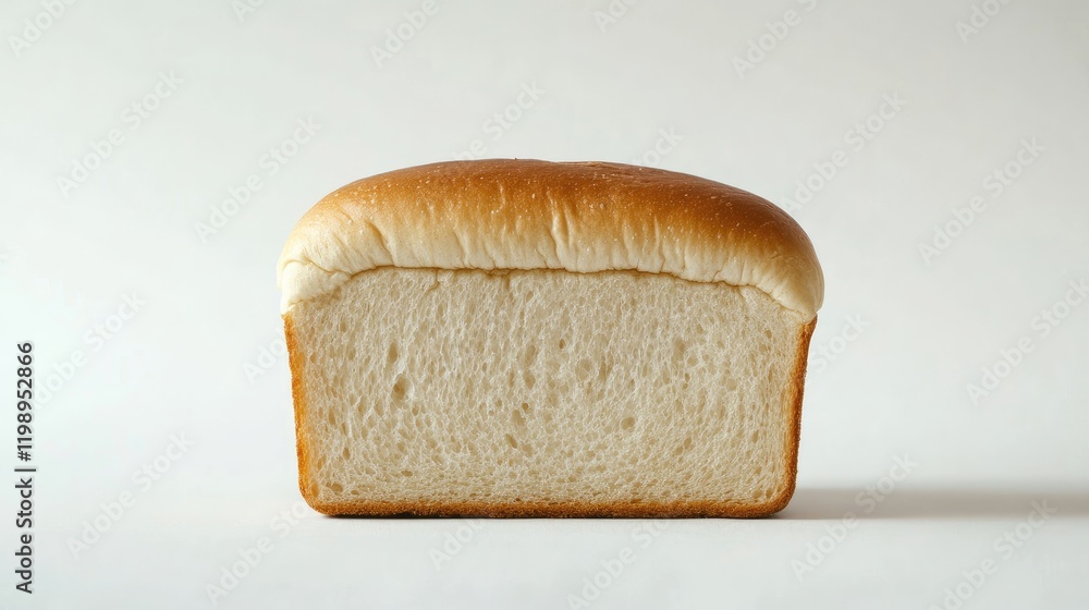 Poster freshly baked golden wheat bread loaf isolated on light neutral background with soft texture and emp