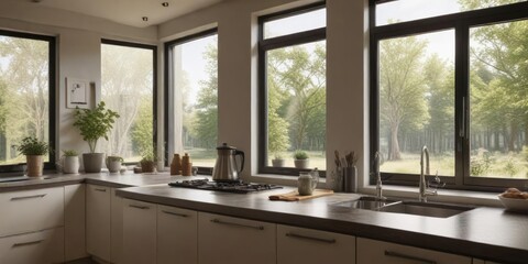 Fototapeta premium A modern kitchen's large window lets in plenty of natural light, highlighting the cleanliness and orderliness of the space as it serves up freshly brewed coffee, natural, freshness, light
