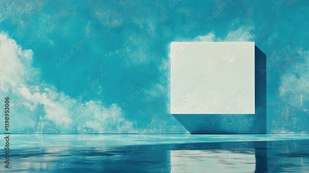 Poster abstract minimalistic composition featuring a large white cube shadowed on a tranquil turquoise surf