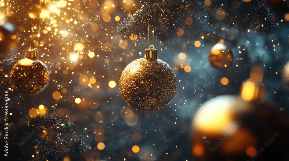 Poster golden glittering christmas ornaments hanging on tree branches with soft bokeh lights in the backgro