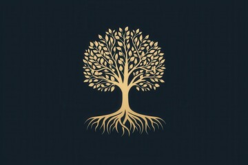A stylized golden tree with intricate branches and roots, set against a dark background, symbolizing growth and connection.
