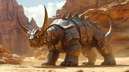 Fierce Armored Creature Roaming Desert Landscape in Bright Sunlight