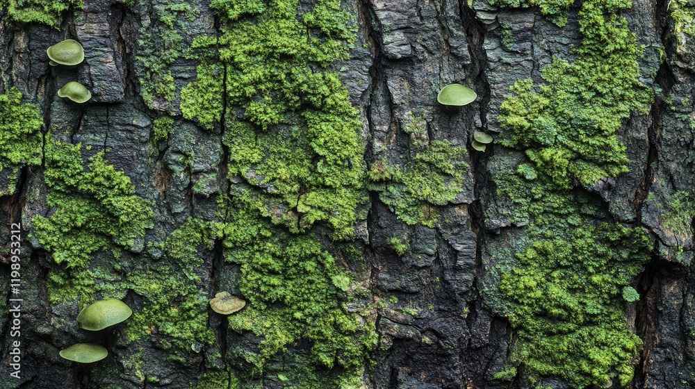 Aufkleber Close up of vibrant green moss and small mushrooms on textured dark tree bark with ample empty space for overlay text