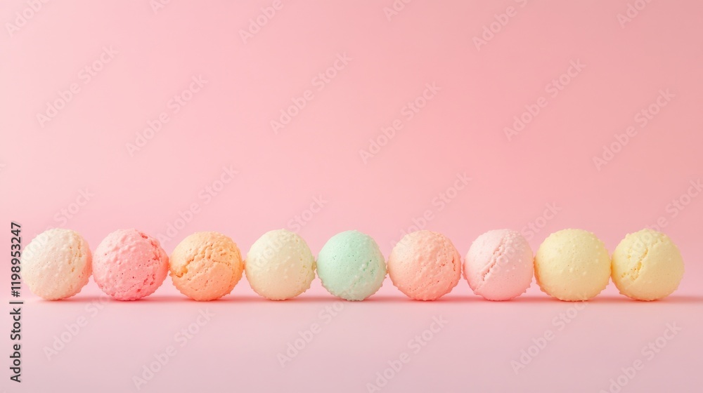 Poster colorful assortment of round ice cream scoops arranged in a row against a pastel pink background wit