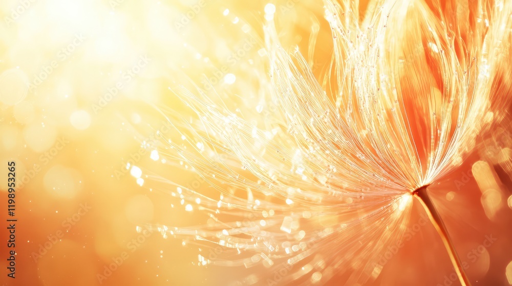 Poster close up of a dandelion seed head with shimmering delicate filaments in warm golden sunlight against