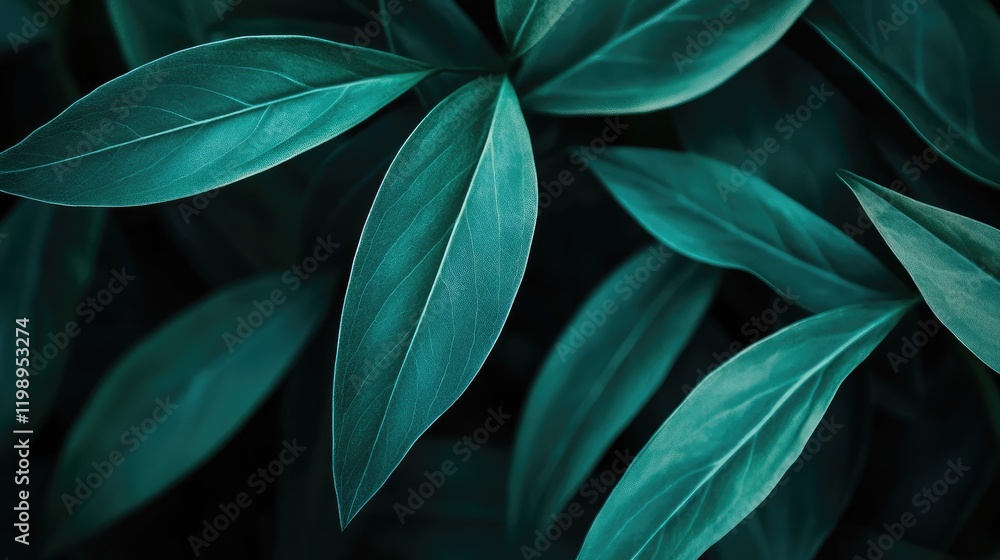 Poster dark green tropical leaves with detailed textures and patterns in a close-up view against a blurred 