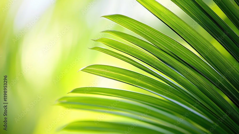 Poster vibrant green tropical palm leaves gracefully overlapping in a blurred background with soft focus an