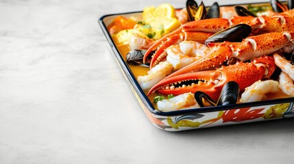 Colorful Seafood Platter with Assorted Shrimp Crab Legs Lobster and Mussels on Decorative Tray with Melted Butter and Fresh Lemon on White Marble Background