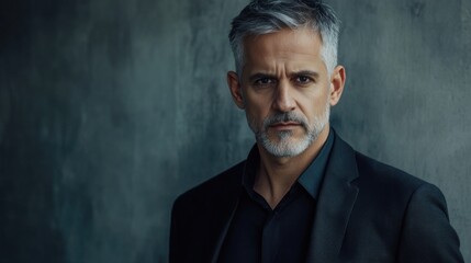 Fototapeta premium Portrait of a mature man with silver hair in a black suit against a textured gray background with copy space for text.