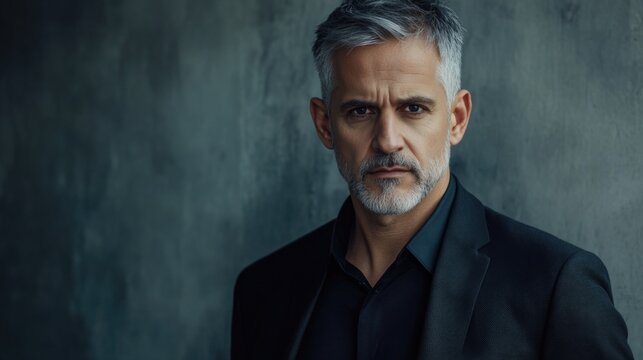 Portrait of a mature man with silver hair in a black suit against a textured gray background with copy space for text.