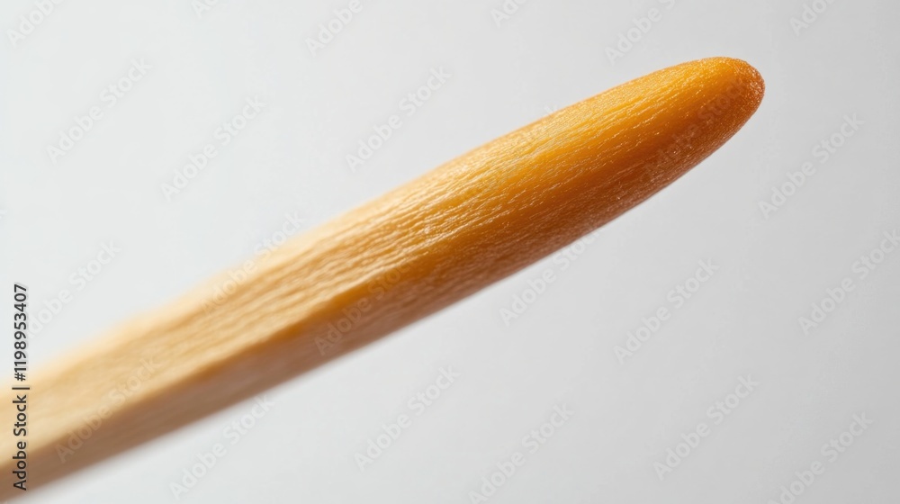 Poster close-up view of a wooden stick with a smooth pointed end on a light background with copy space for 