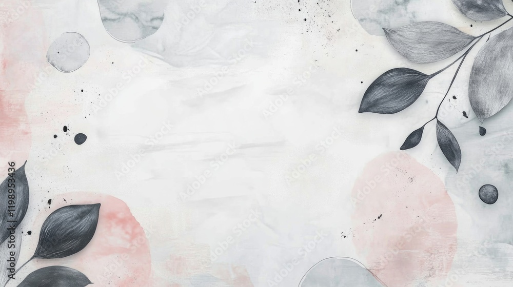 Poster abstract watercolor background with gray leaves and pink circular shapes suitable for various design