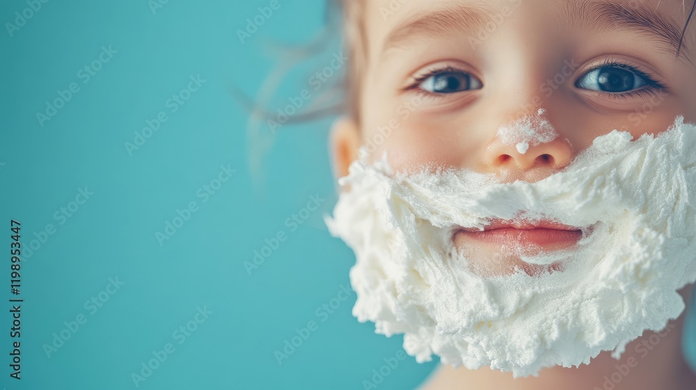Poster cheerful child with whipped cream beard smiling against a soft blue background with ample empty spac