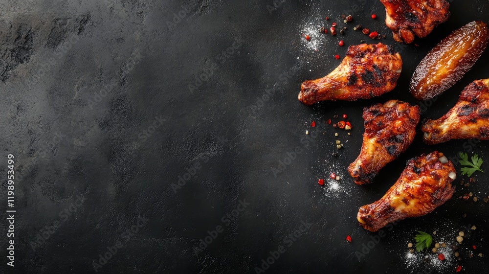 Poster close up of golden brown crispy fried chicken wings arranged on a dark slate surface with scattered 