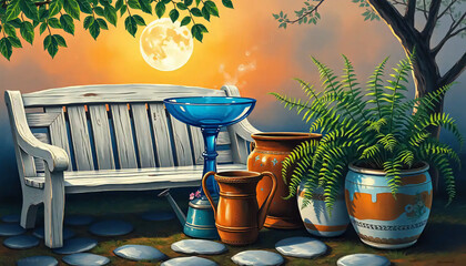 A_icon_of_In_an_enchanting,_twilight_garden,_a_harmonious_symphony_of_inanimate_objects_unfolds_A_weathered,_ivory-hued_wooden_bench,_its_aged Generative AI