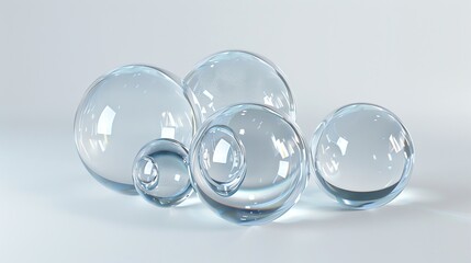 A group of transparent spheres on a white surface.