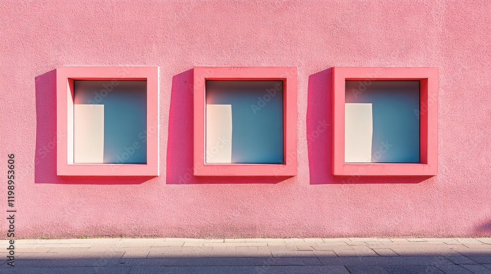 Poster three modern square windows with pink frames on a pastel pink wall with light shadow and copy space 