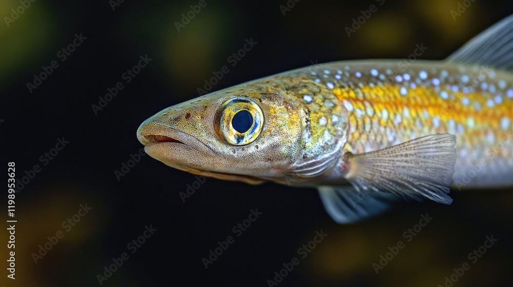Poster close up portrait of genetta fish in vibrant gold and blue colors against dark background with empty
