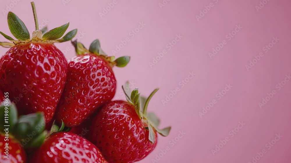 Poster fresh ripe strawberries arranged on a soft pink background offering healthy berry concept with ample