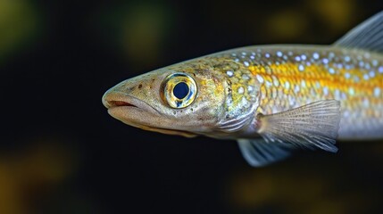 Fototapeta premium Close Up Portrait of Genetta Fish in Vibrant Gold and Blue Colors Against Dark Background with Empty Space for Text