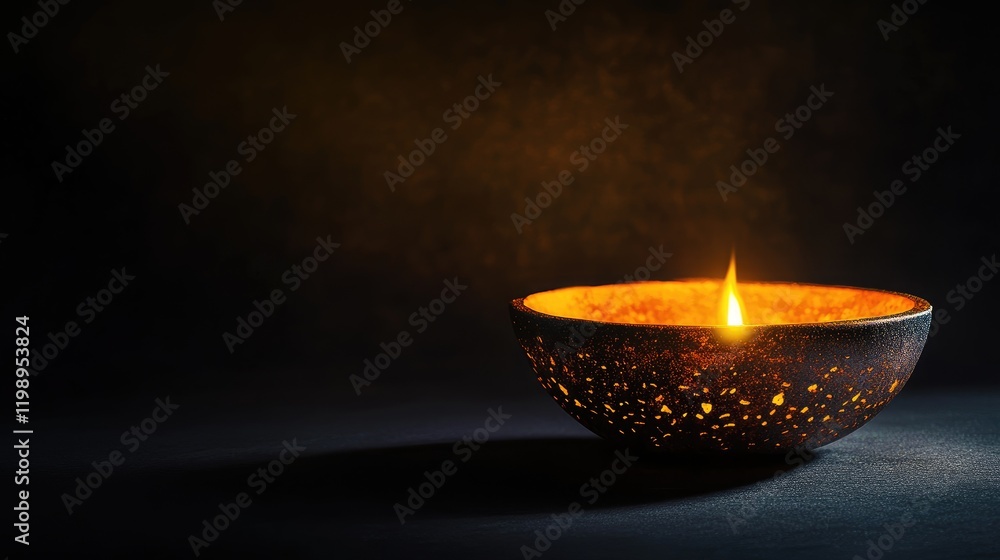 Aufkleber vivid candle flame illuminating a textured round bowl in a dark ambiance with ample negative space f