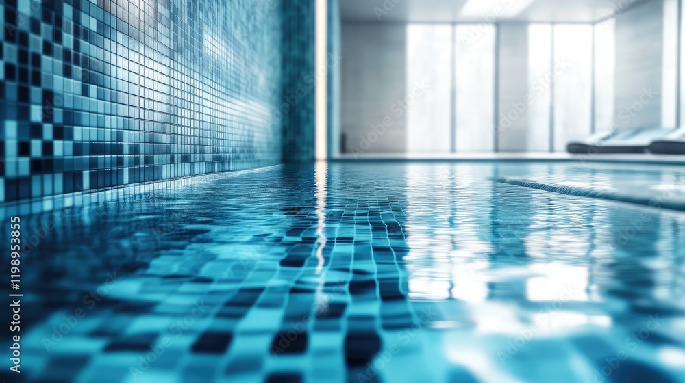 Poster clear blue swimming pool surface with mosaic tiles reflecting light in modern indoor setting featuri