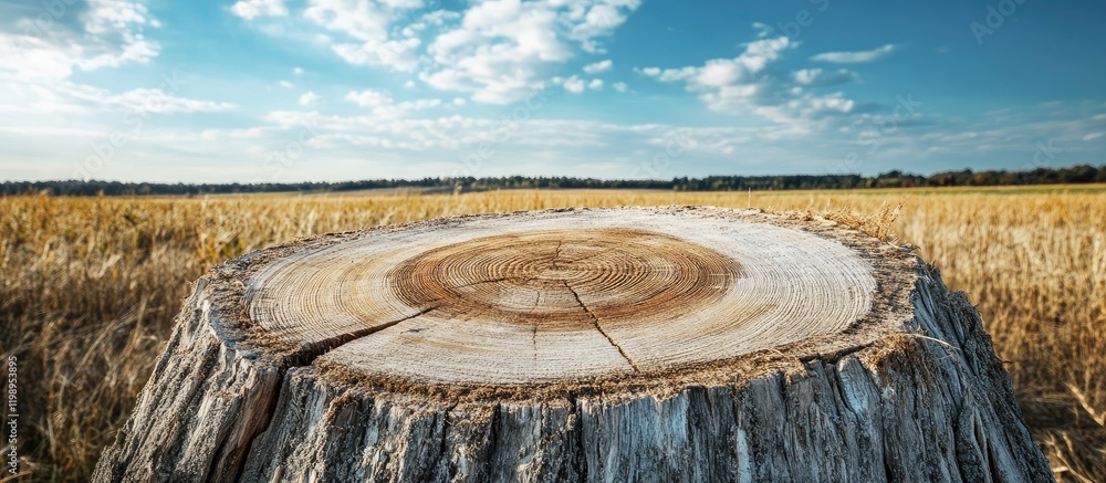 Poster close up of a light colored tree stump showcasing rings in a golden field under a clear blue sky wit